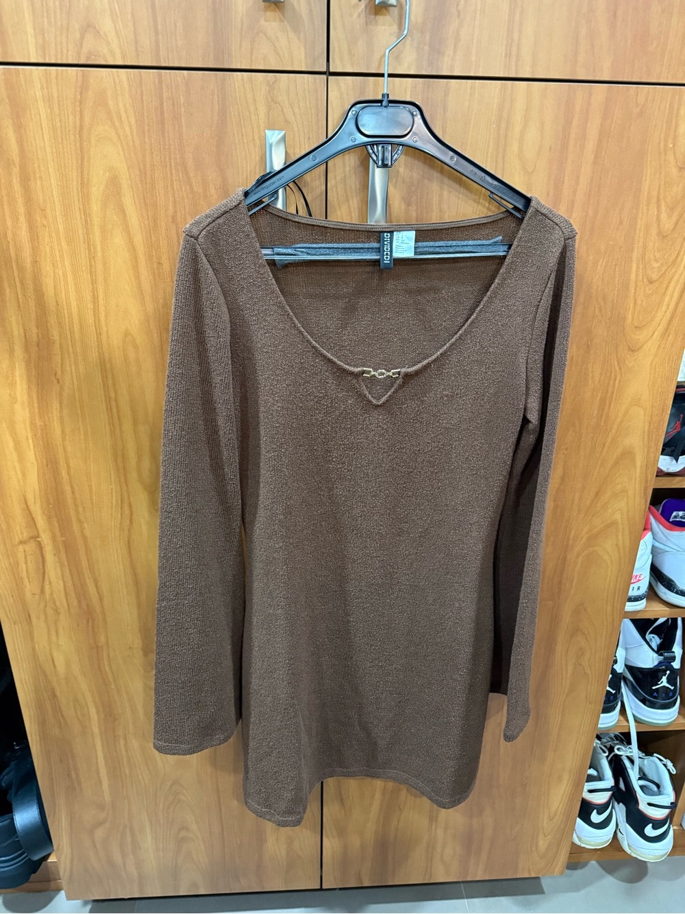 H&M Brown Long Sleeve Mini Dress with Decorative Chain Detail